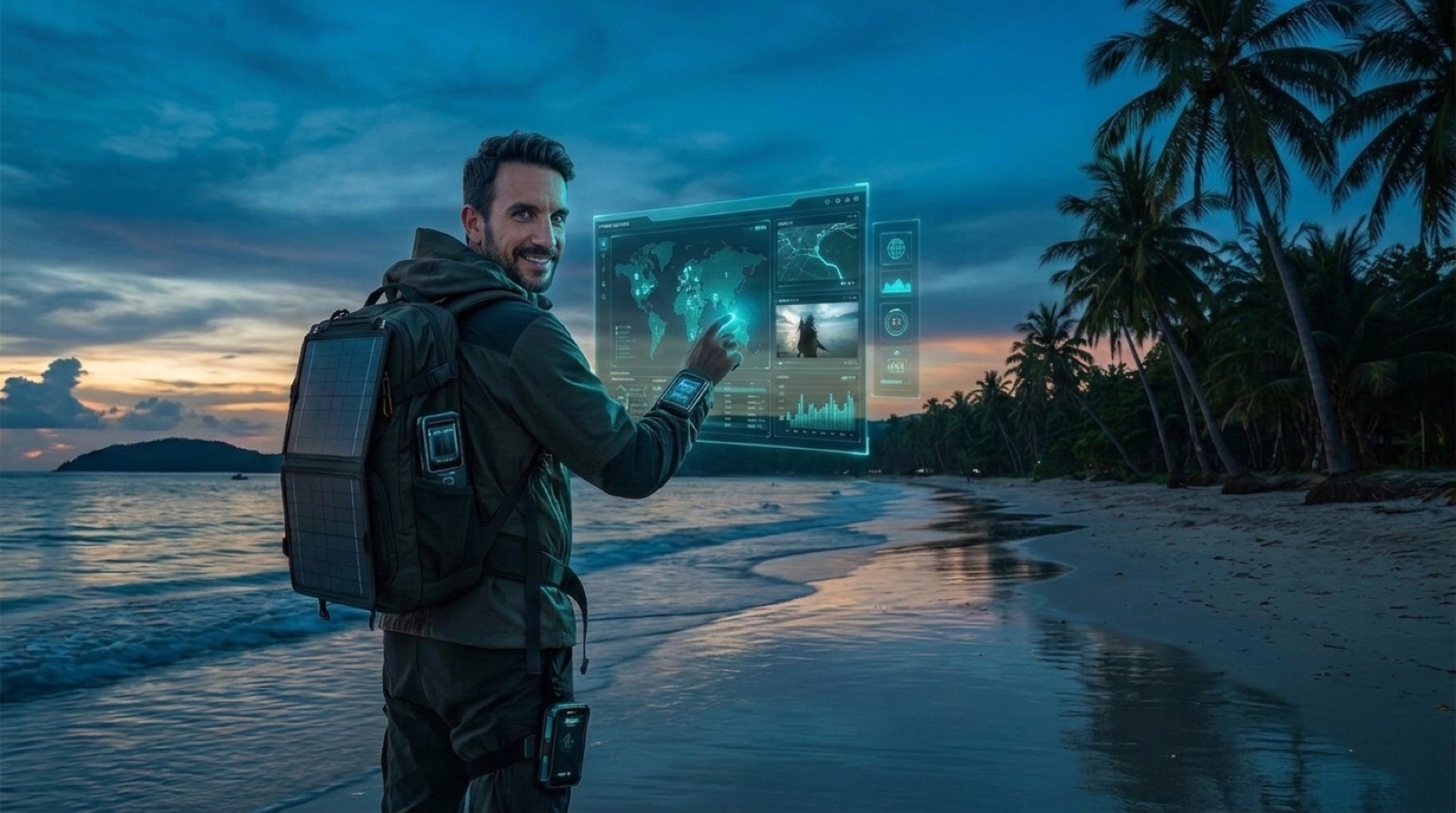 Pedro on a beach at dusk, wearing a solar backpack, working a floating data panel